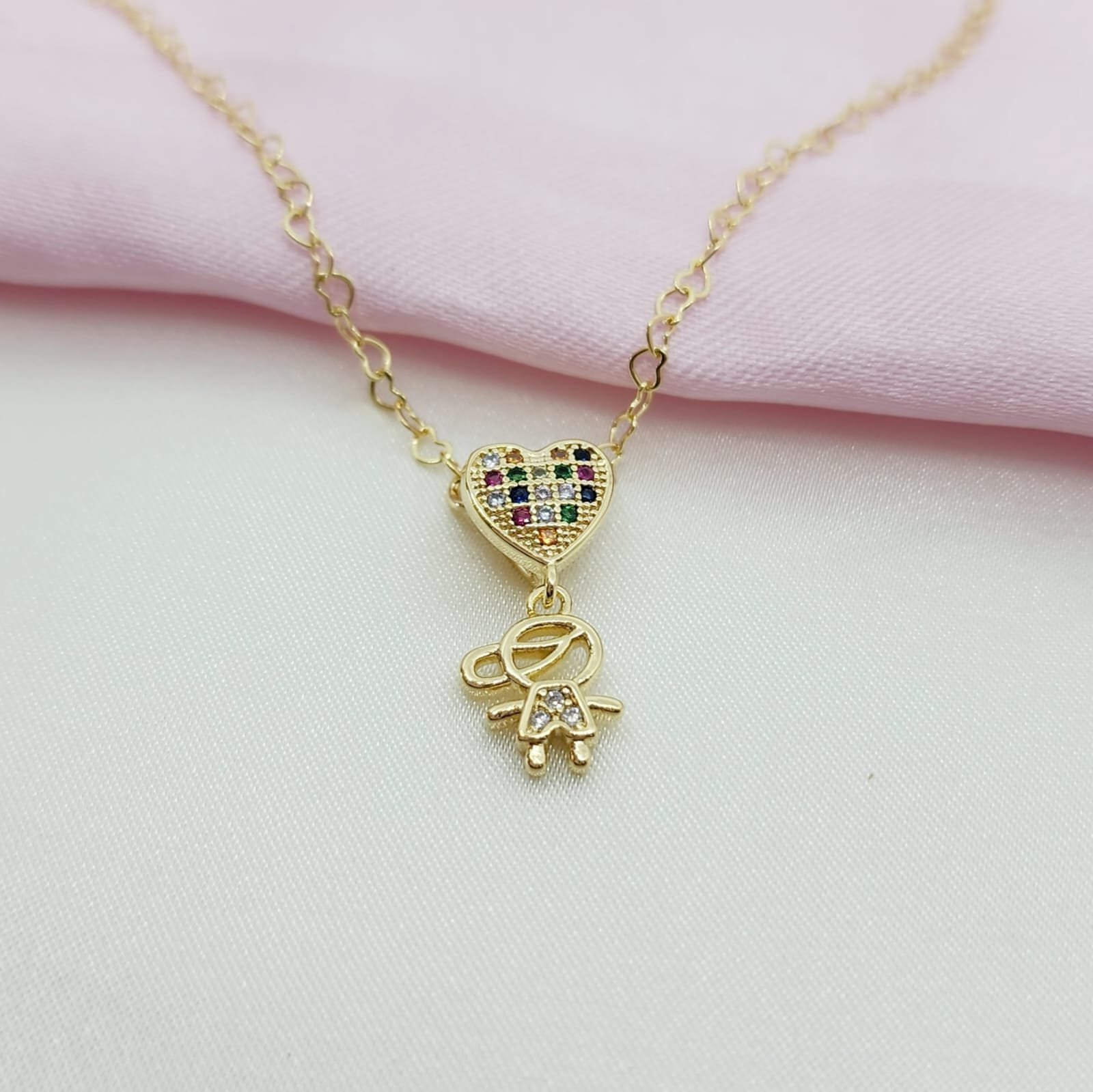 Colar Elo mini Corações com Pingente de coração Cravejados Colors Menino